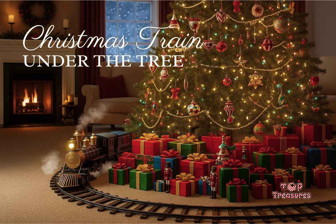 A wide, slightly high-angle shot of a classic Christmas train set circling the base of a beautifully lit Christmas tree, surrounded by wrapped presents in a cozy living room.
