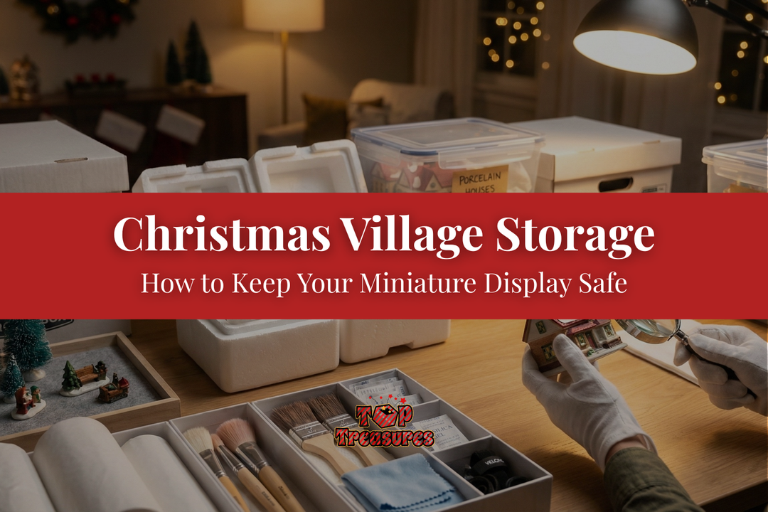 A blog post banner for "Christmas Village Storage" showing various storage solutions for miniature houses.