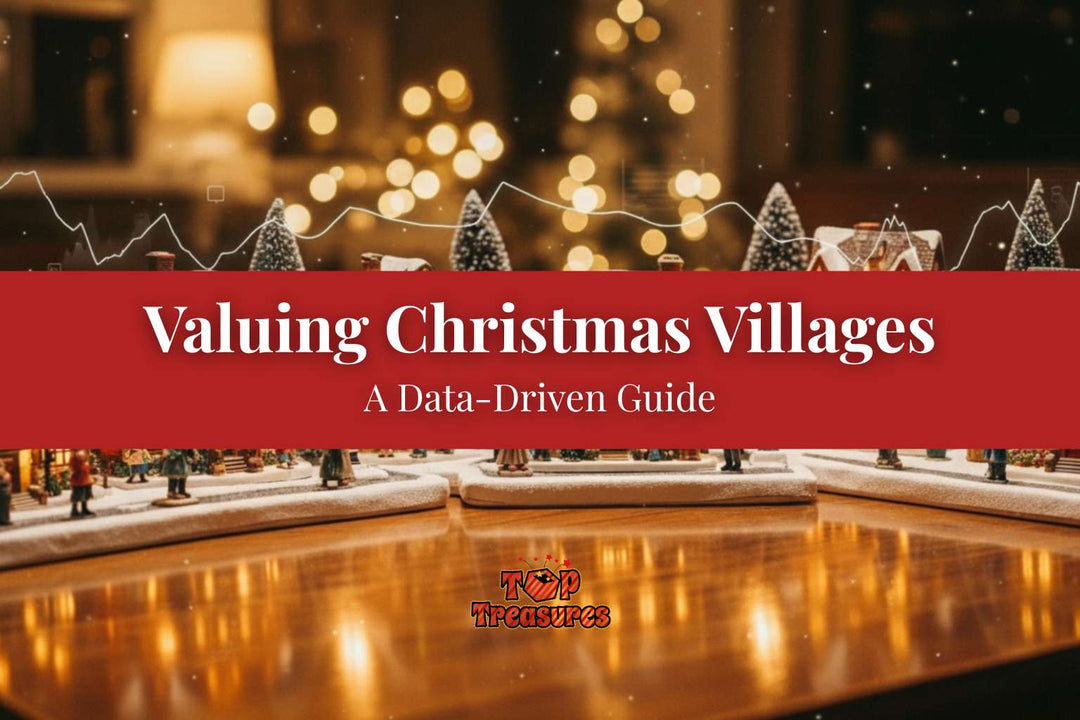A data-driven guide to valuing Christmas villages, showing collectibles on a table with a market value chart.