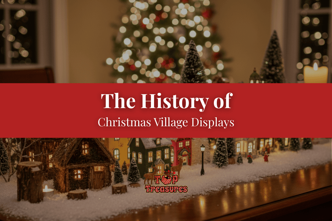 Blog post banner for "The History of Christmas Village Displays" showing a lit-up miniature Christmas village.