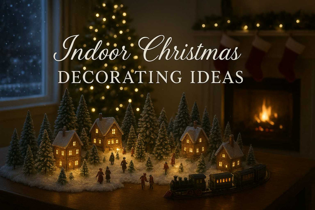 Christmas village display with snow-covered houses, festive lights, a train, and a cozy fireplace for holiday decorating ideas.