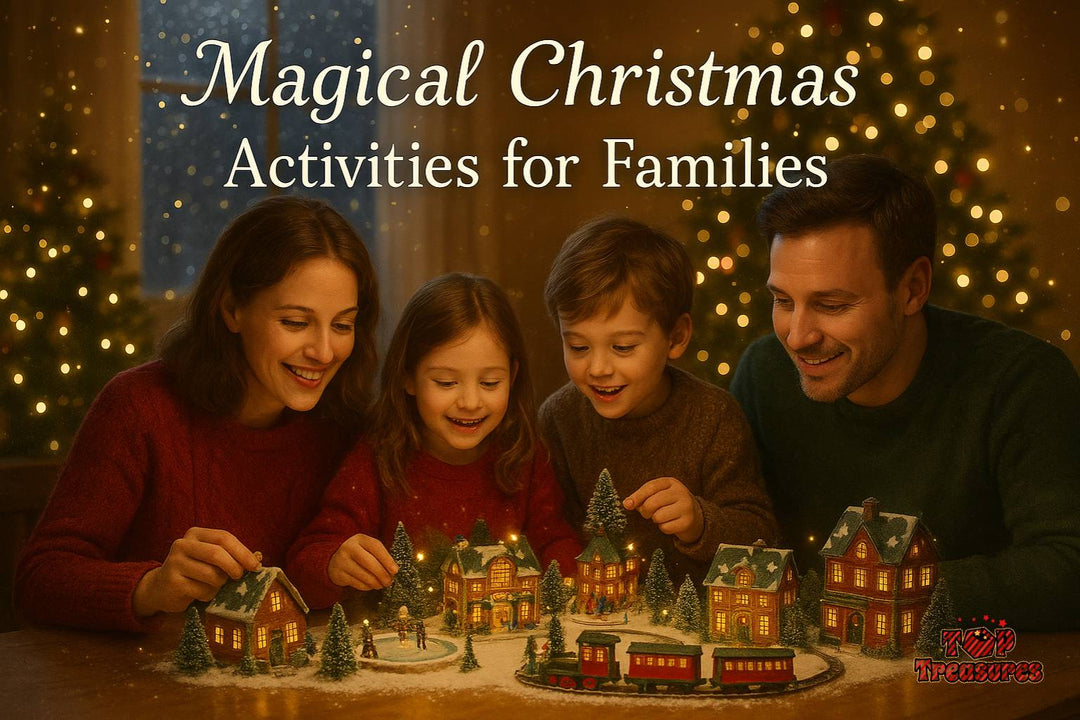 A family admires their glowing miniature Christmas village, a magical example of family Christmas activities at home.